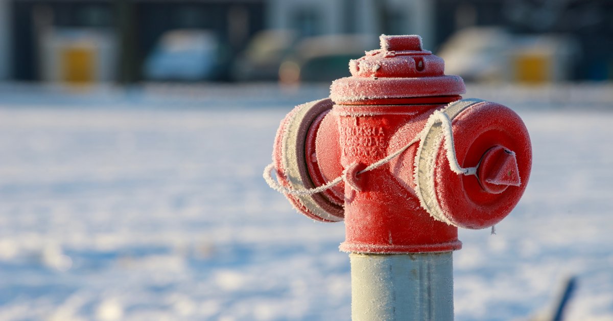 A red fire hydrant is covered in white frost. A layer of snow covers the land in the background behind it.