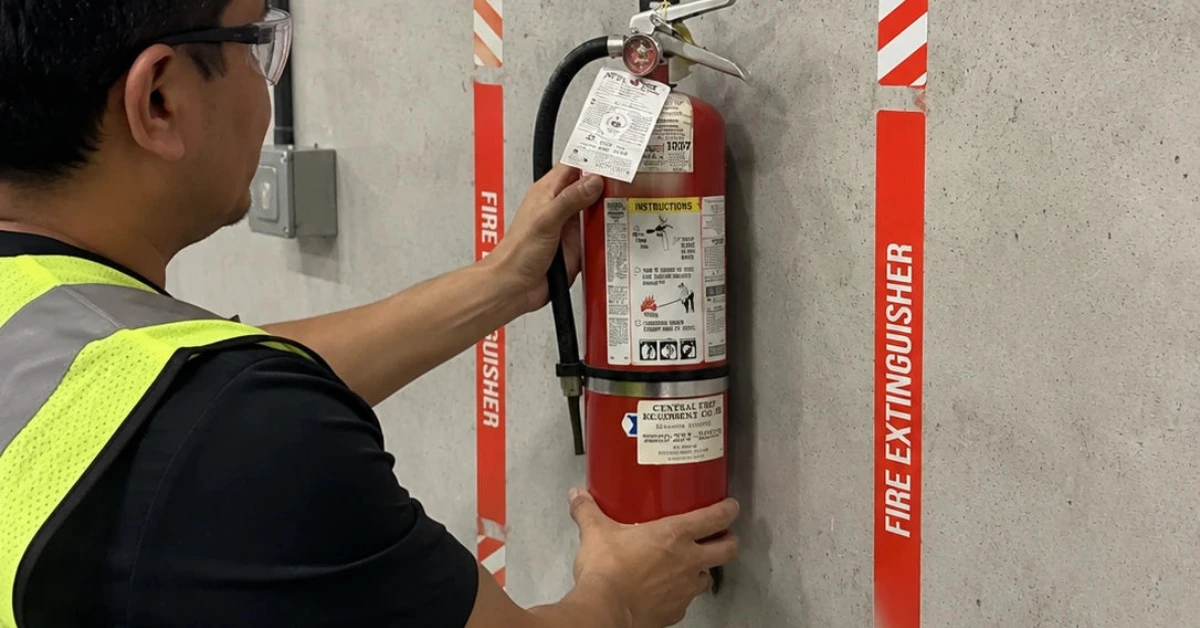 A red fire extinguisher mounted on a wall at a height that meets ADA accessibility requirements.