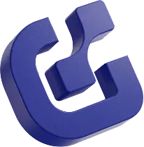 Three-dimensional blue emblem with abstract geometric shapes.