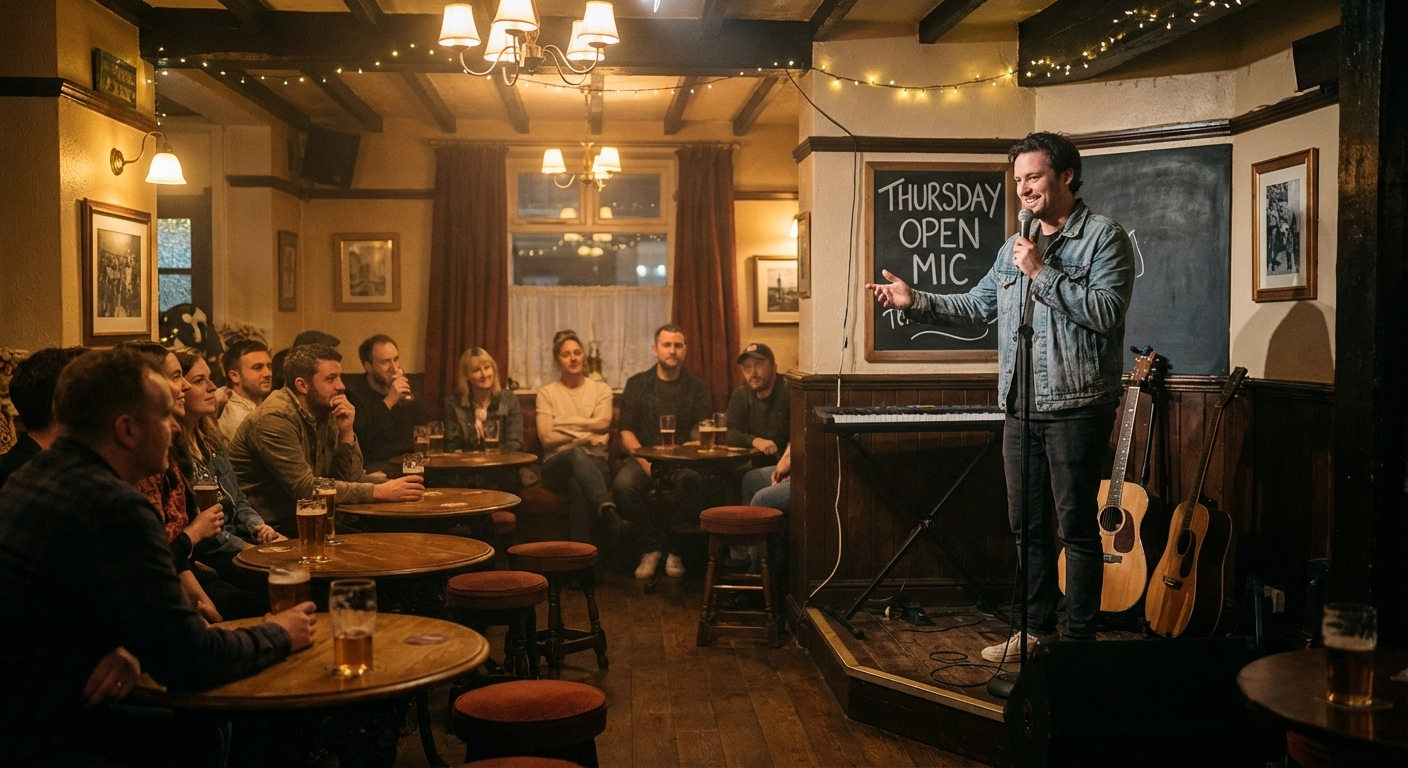 Man in denim jacket performing stand-up comedy on stage in a cozy pub with audience seated at wooden tables.