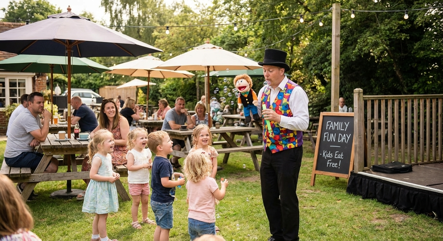 Children enjoying a puppet show and bubbles outdoors at a family fun day event with adults seated at picnic tables.
