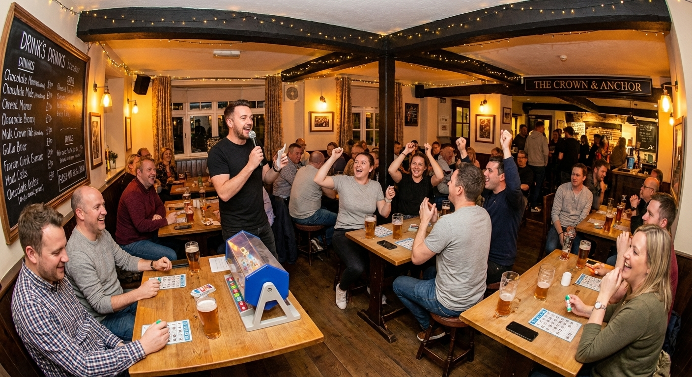 People playing bingo in a lively pub with a man calling numbers on a microphone and others cheering and marking their bingo cards.
