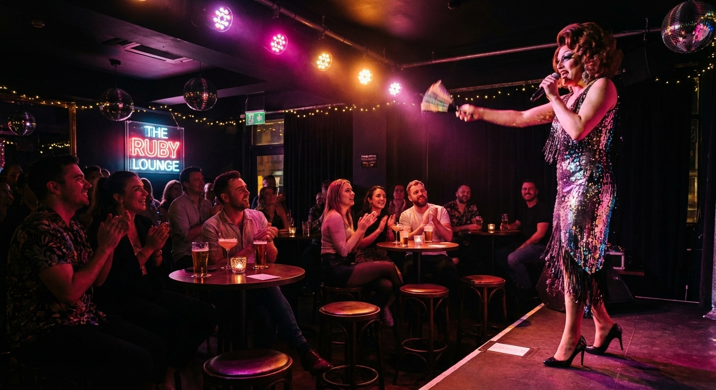 Drag performer in a sparkling dress holding a fan and microphone on stage at The Ruby Lounge with an applauding audience.