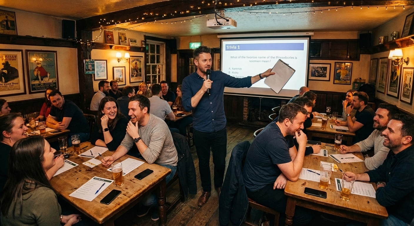 Quiz show host speaking into a microphone and holding a clipboard while participants at wooden tables answer trivia questions in a cozy pub setting.