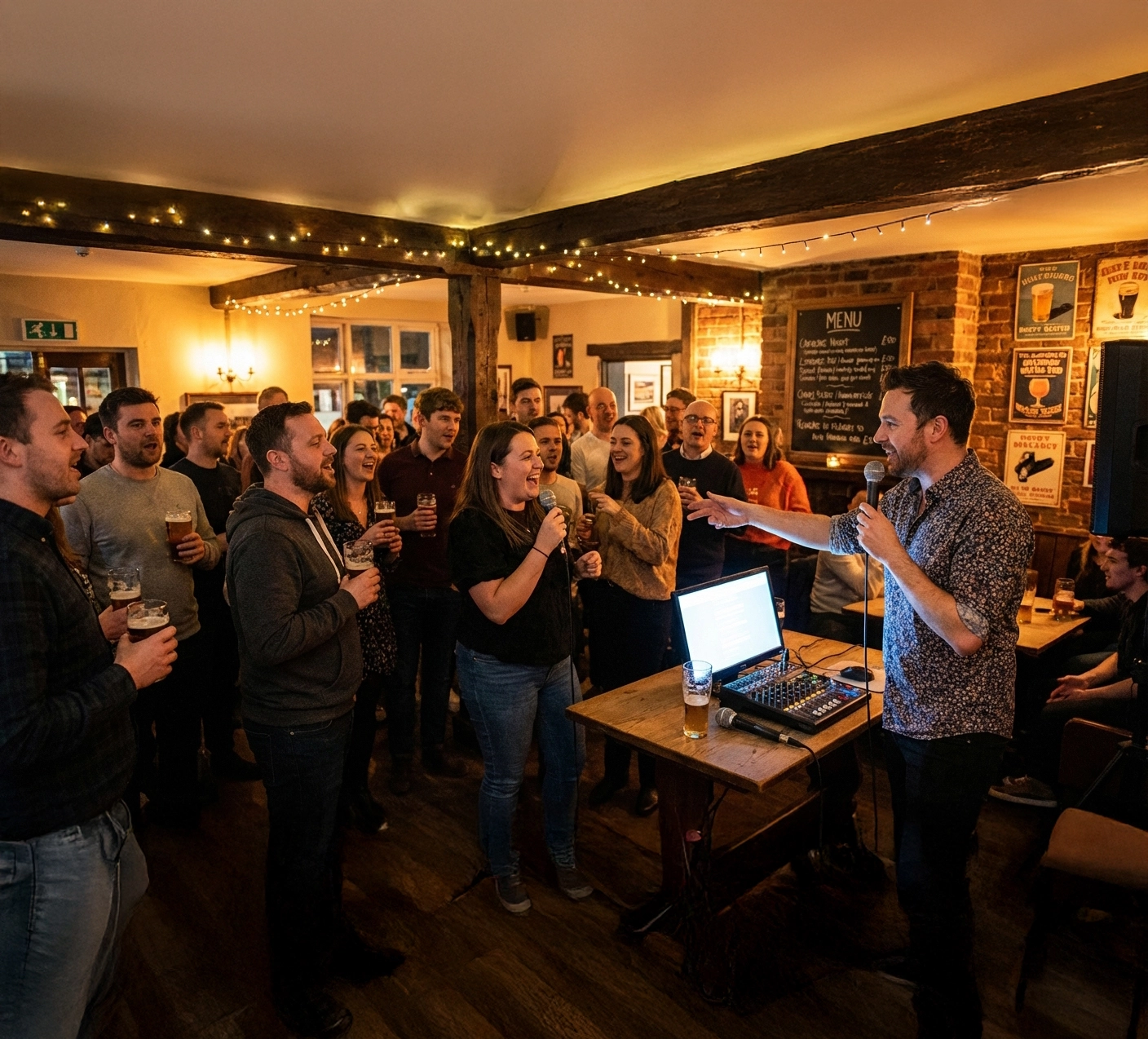 Crowd enjoying karaoke night in a cozy pub with a woman singing and a man hosting with a microphone.