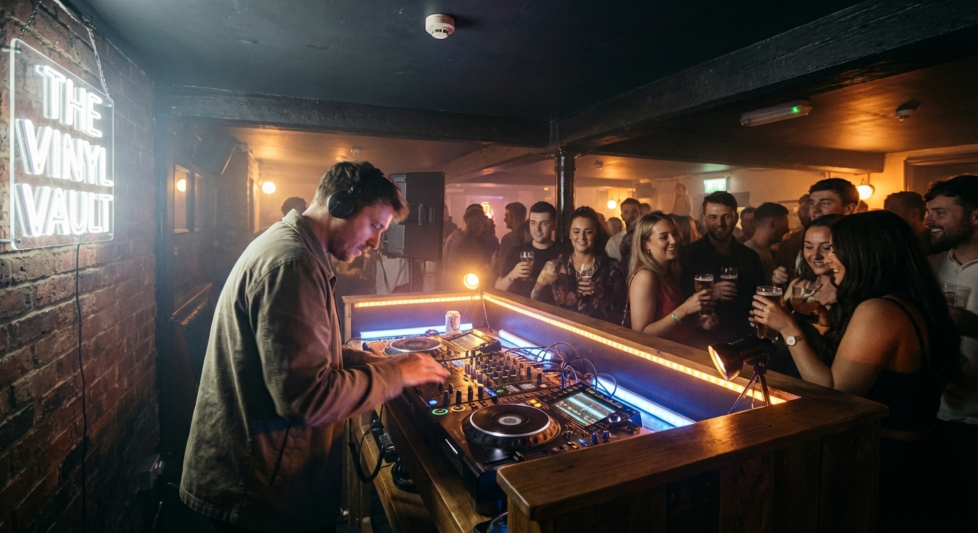 DJ wearing headphones mixing music on a console in a dimly lit club with people holding drinks and enjoying the music.
