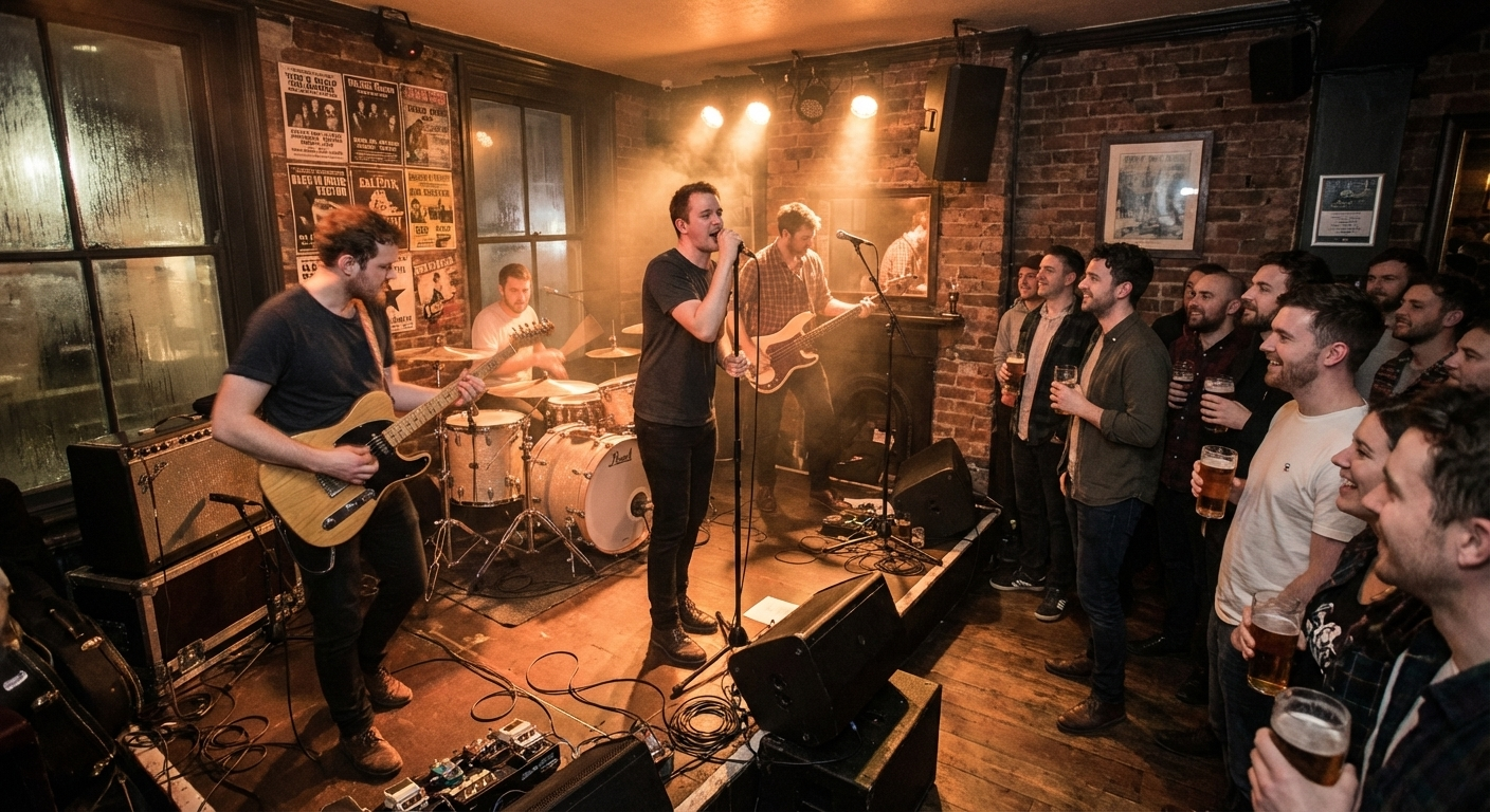 Band performing live in a small, intimate venue with audience holding pints of beer.