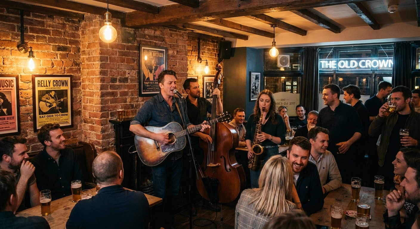 Live band performing with guitar, double bass, and saxophone in a cozy pub filled with people drinking beer and enjoying music.