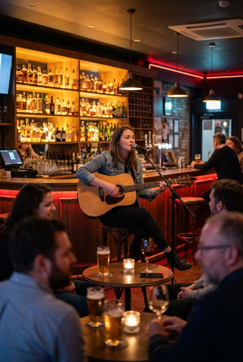 A woman playing acoustic guitar and singing into a microphone while seated on a bar stool in a warmly lit bar with patrons watching.
