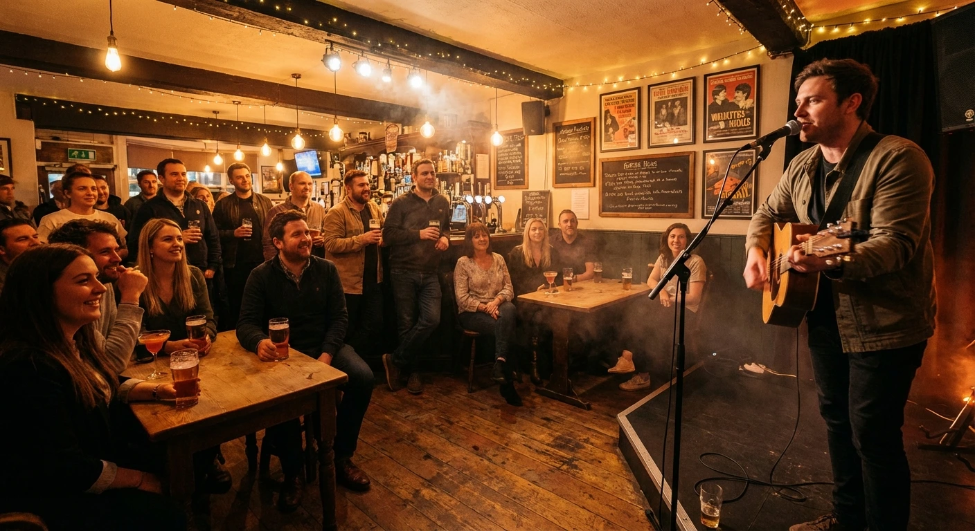 Man playing acoustic guitar and singing on stage in a cozy pub with an attentive audience holding drinks.