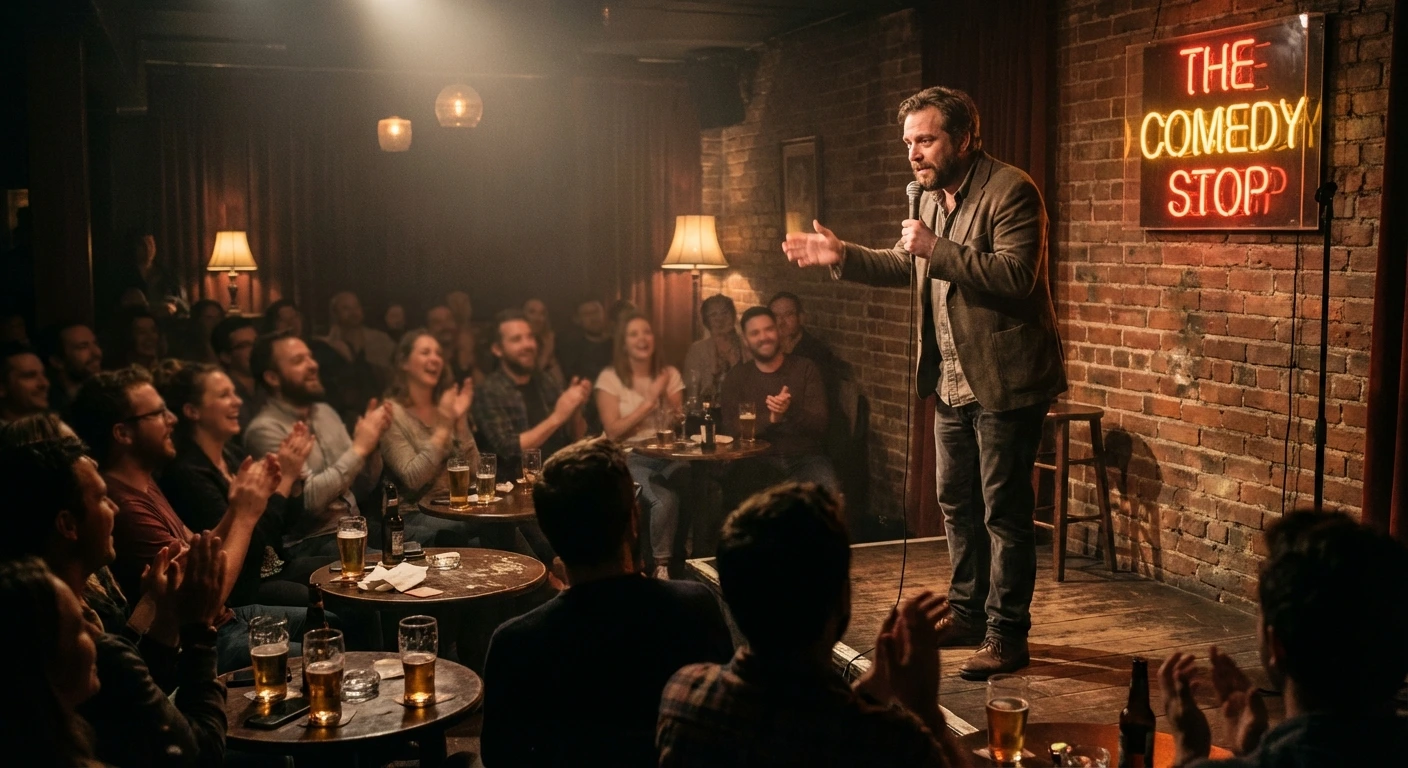 Comedian performing on stage at The Comedy Stop with engaged audience clapping and drinking beer.