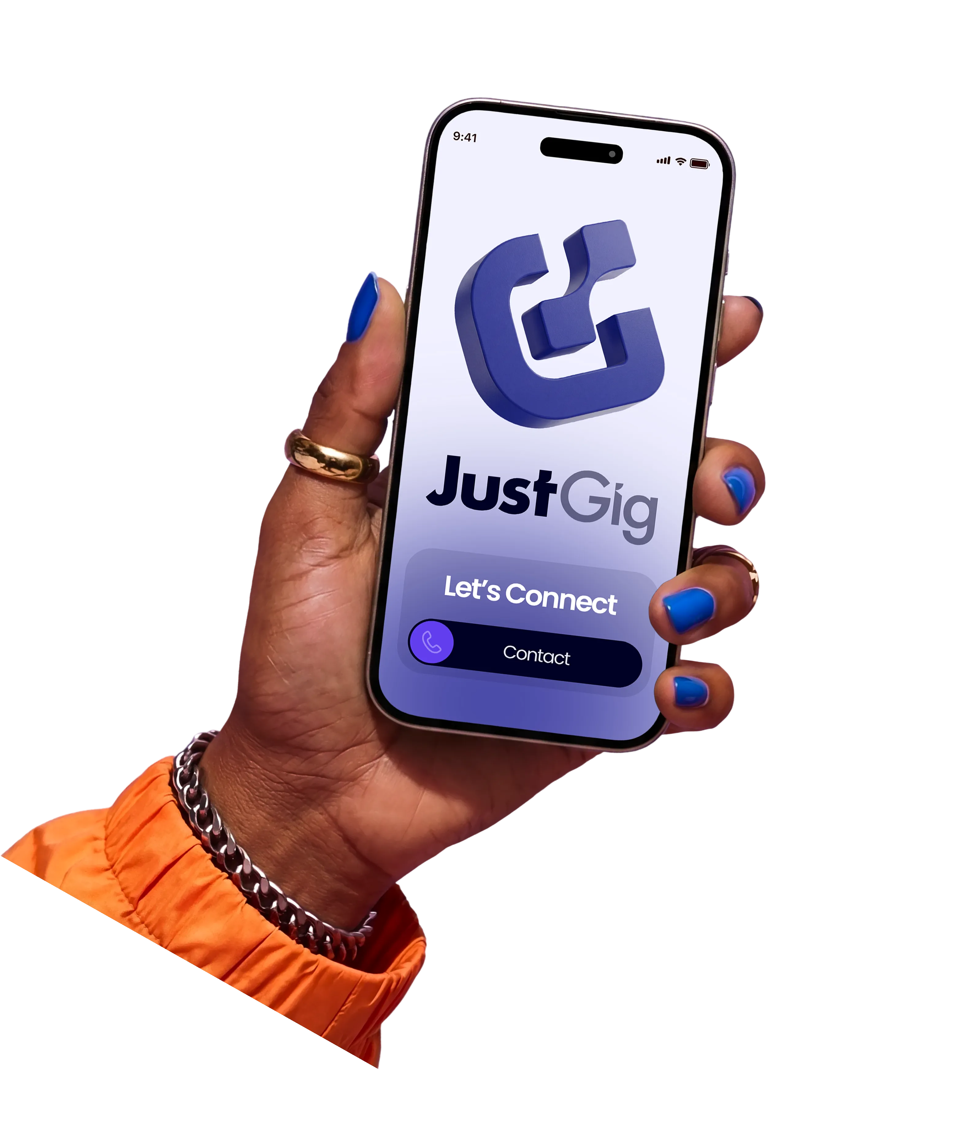 Hand with blue nail polish holding a phone displaying JustGig app with a contact button.
