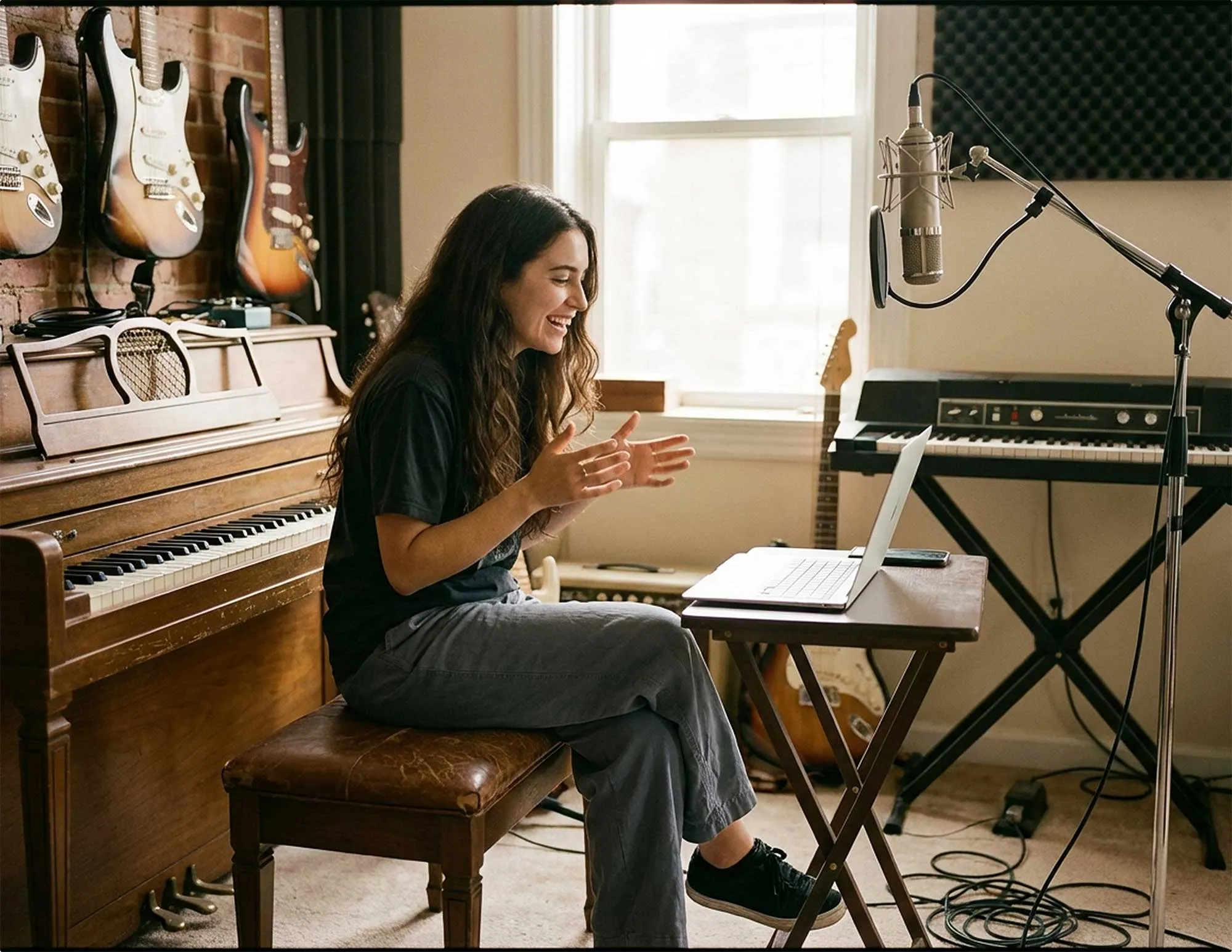 Woman with long hair sitting on a piano bench, smiling and gesturing towards a laptop in a music studio with instruments and a microphone.
