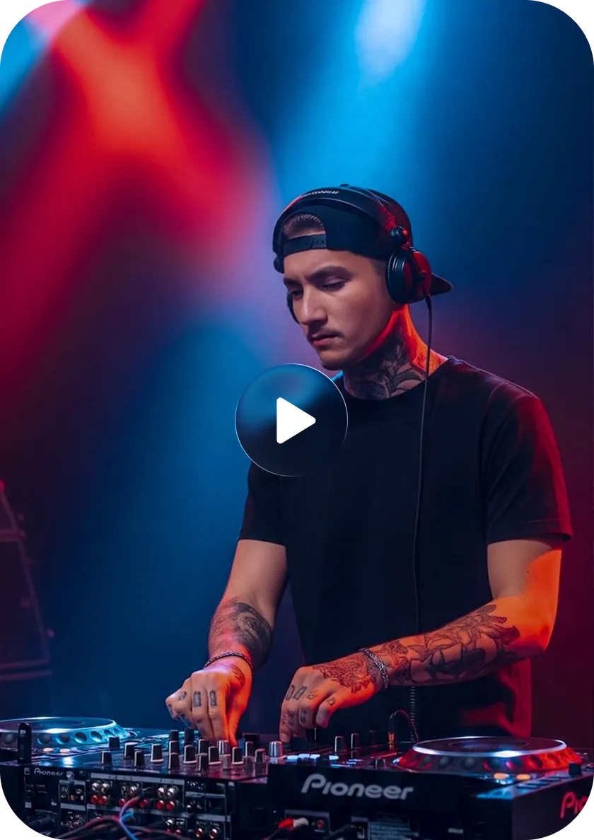 Tattooed DJ wearing headphones and a backward cap mixing music on a Pioneer mixer with colorful red and blue lighting.