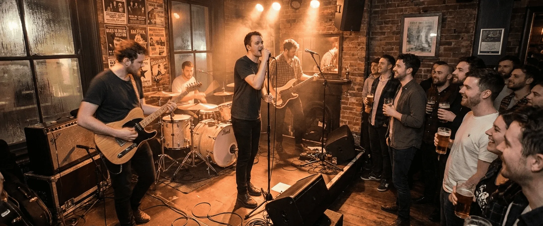 Band performing live in a small venue with audience watching and holding drinks.