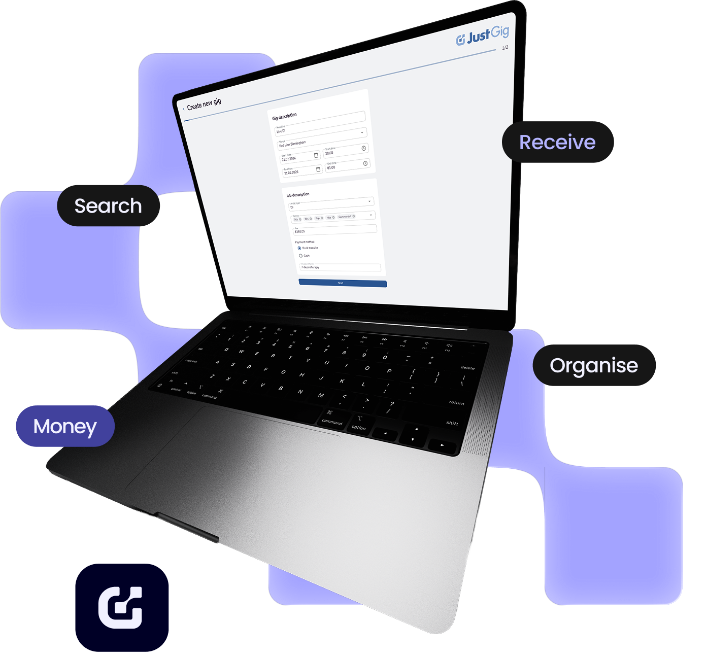 Laptop displaying a calendar app for February 2026 with sidebar menu and overlay words: Search, Receive, Money, Organise.