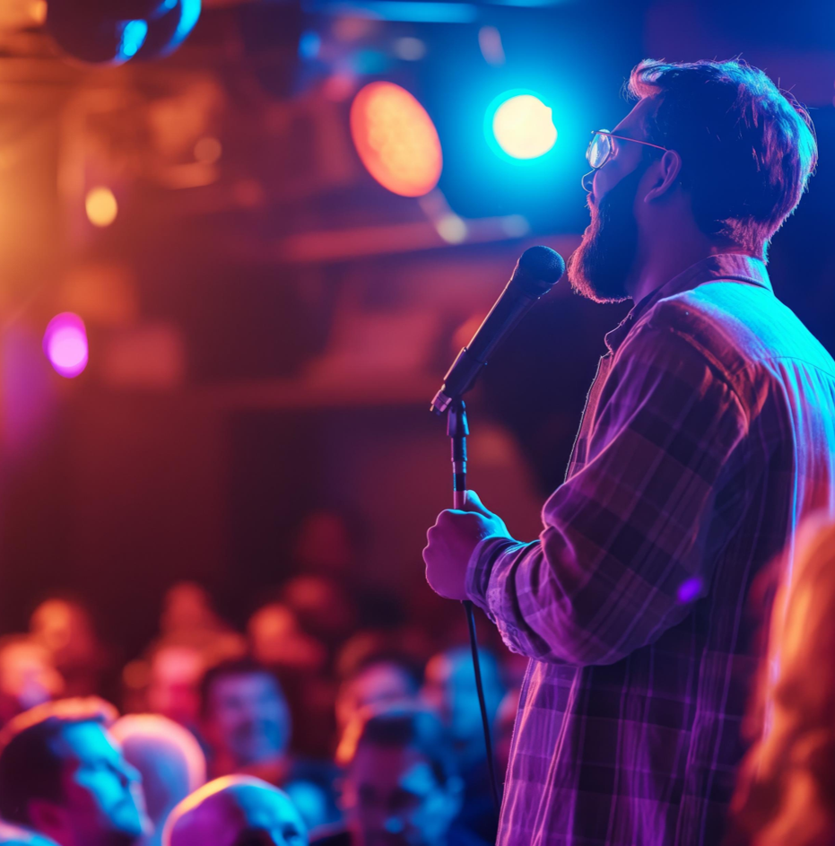 A man in a denim jacket speaking into a microphone on a small stage in a cozy pub with an audience seated at tables holding drinks, and a chalkboard behind him reading 'Thursday Open Mic'.