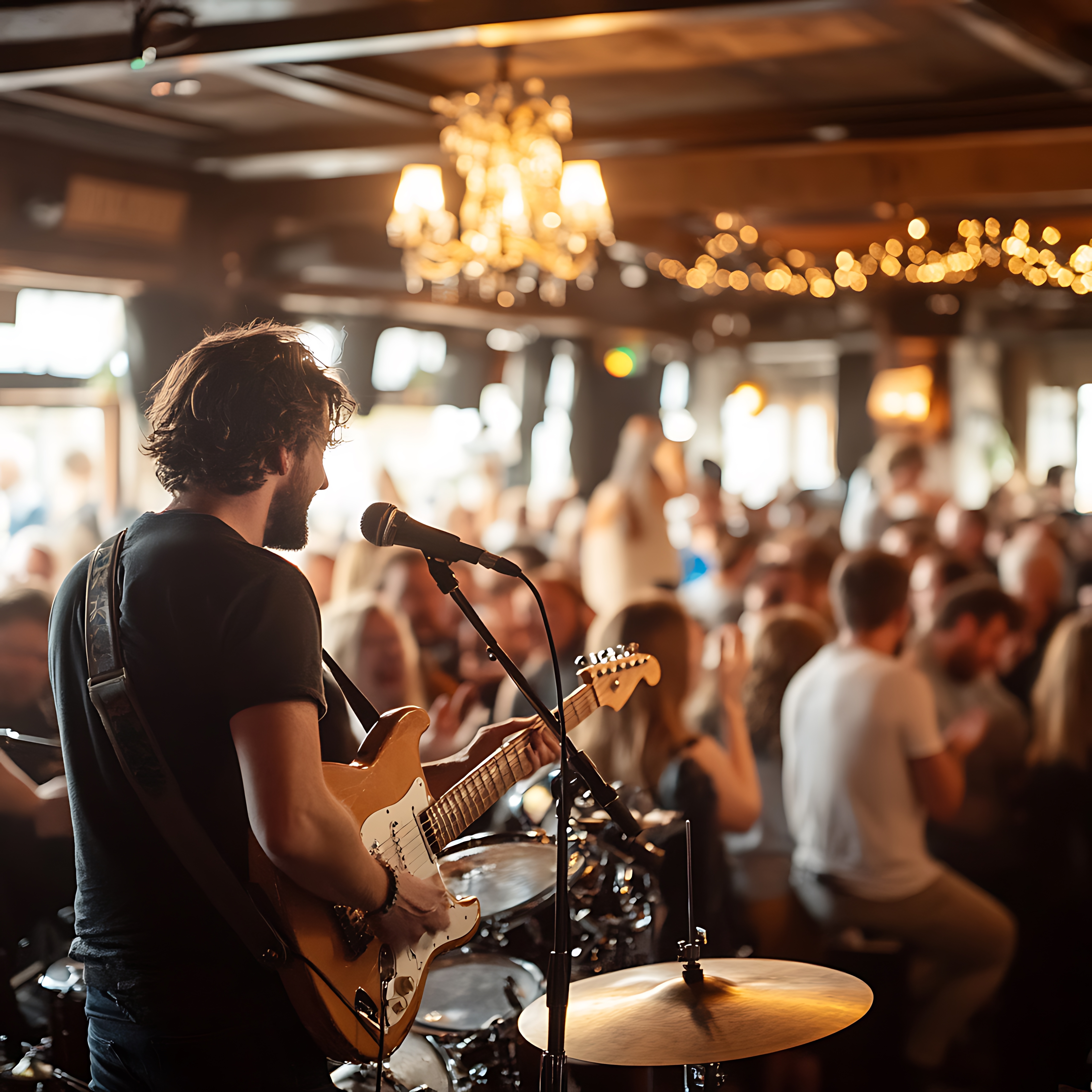 People enjoying a lively bingo game night in a cozy pub named The Crown & Anchor, with a man calling numbers on a microphone and players cheering at tables.