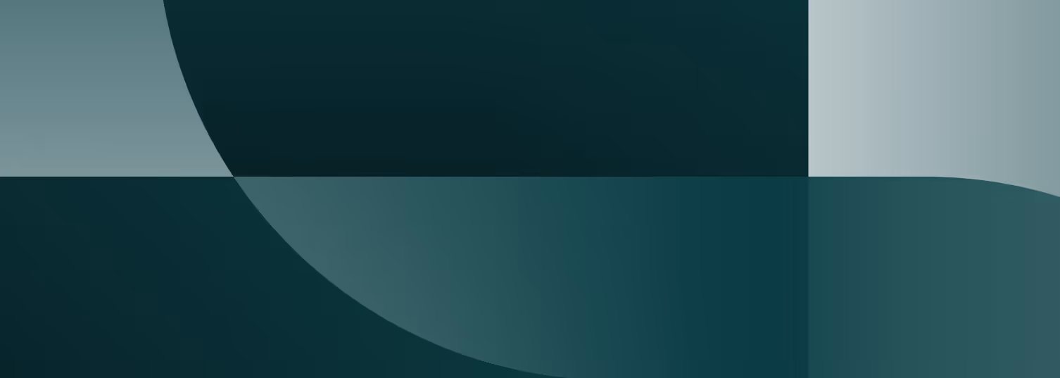 Abstract geometric design with overlapping dark green and teal shapes and gradients.