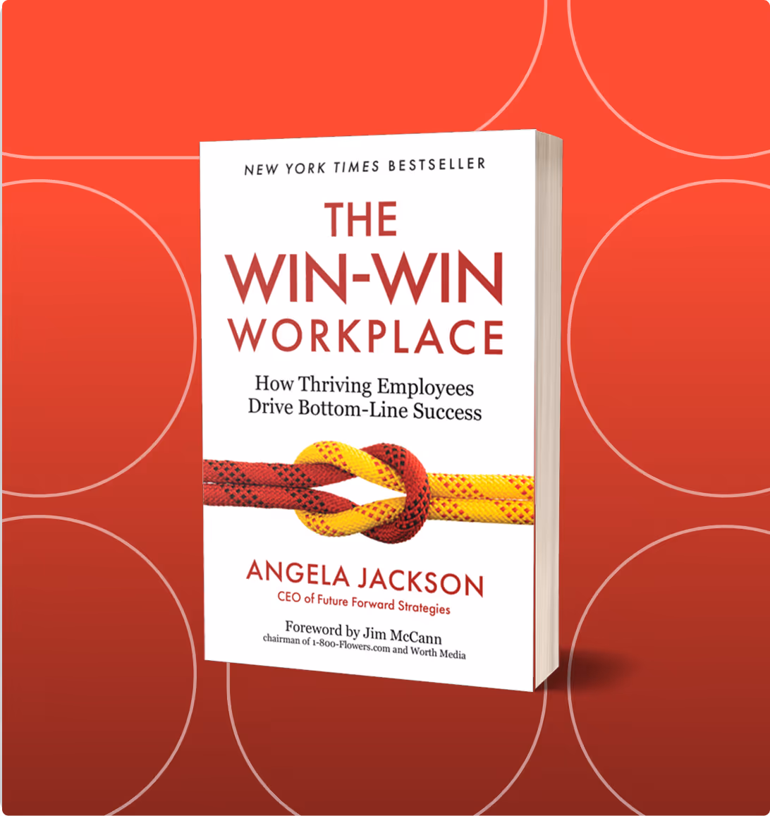 The book cover of 'The Win-Win Workplace' by Angela Jackson, showing a red and yellow knotted rope on a red background.