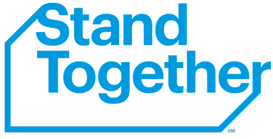 "Stand Together" text in blue enclosed by a continuous blue line forming a geometric shape around the text.