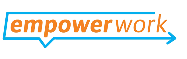 EmpowerWork logo with stylized orange text and a blue arrow speech bubble outline.