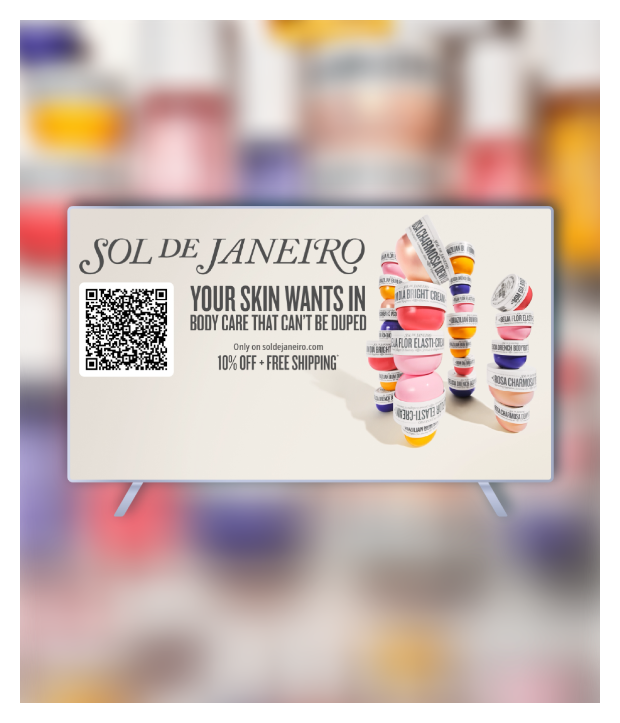 Sol de Janeiro skincare ad with stacked product jars, QR code, and 10% off plus free shipping offer.