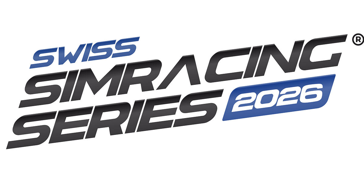 Logo with text Swiss Simracing Series over a blurred red racing car background.