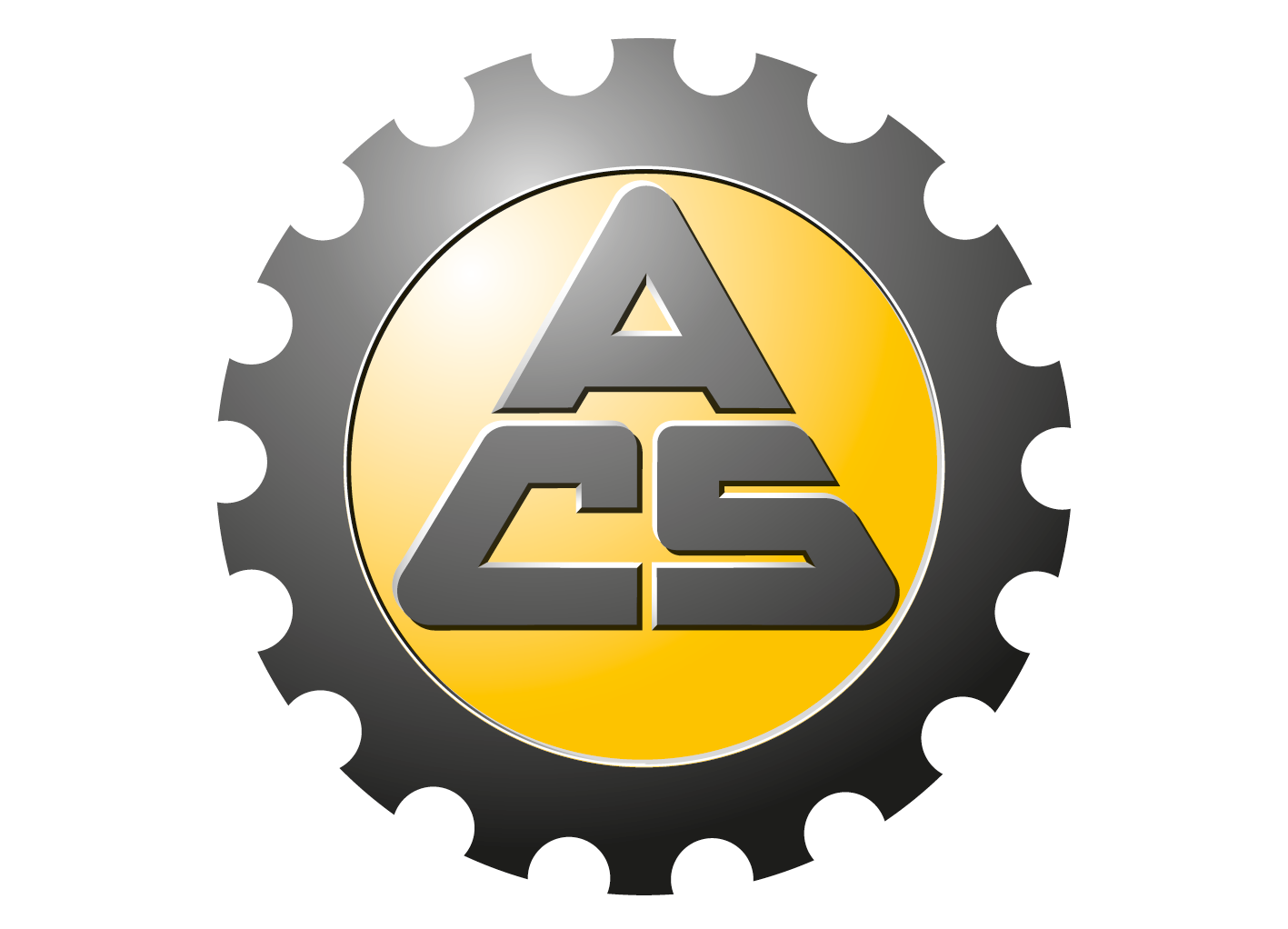 Logo mit dunklem Zahnrad-Umriss und gelbem Kreis mit den Buchstaben ACS in Grau.