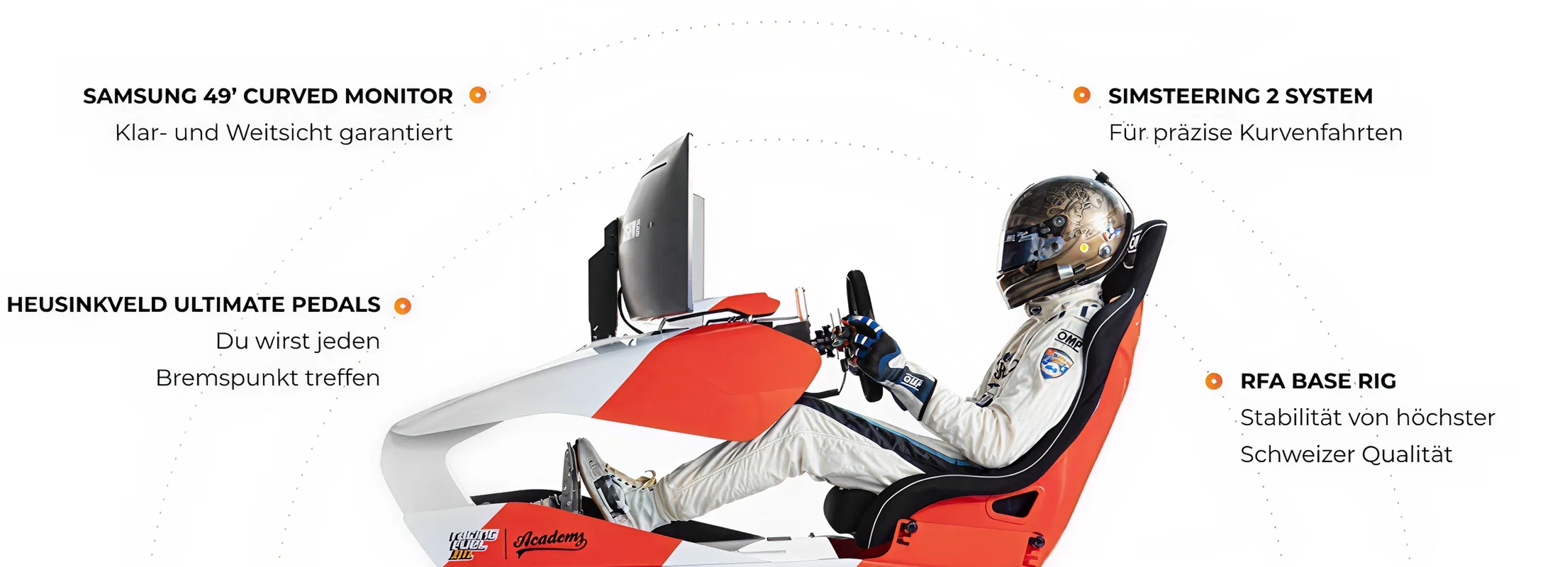 Rennsimulator mit Fahrerhelm, 49-Zoll Curved Samsung Monitor und Heusinkveld Pedale.
