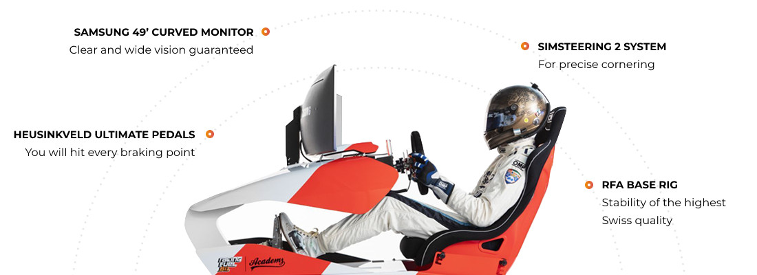 Racing simulator with driver, 49-inch screen, ultimate pedals, Simsteering 2 system and sturdy RFA base rig.