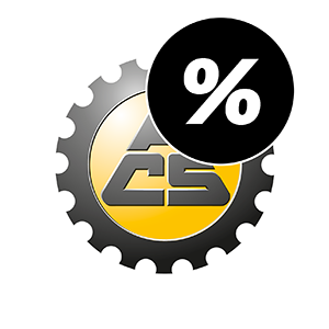Gelbes ACS-Logo in Zahnrad-Symbol mit schwarzem Prozentzeichen-Kreis überlappt