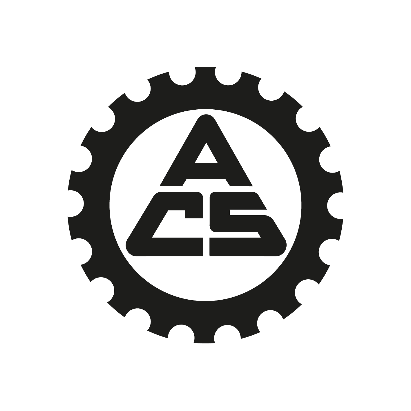 Schwarzes ACS-Logo in einem Zahnradkreis auf weißem Hintergrund.