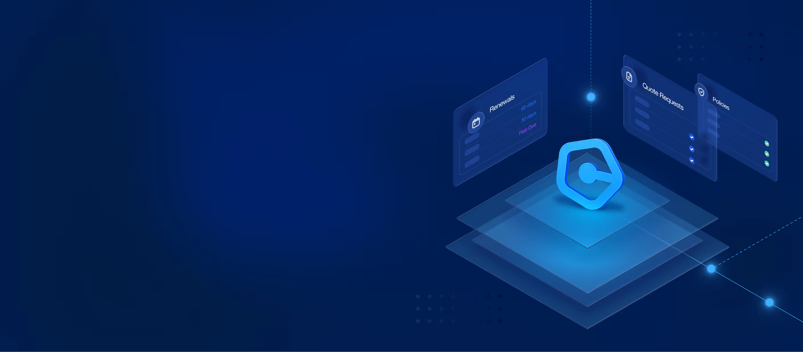 3D blue software interface icon with floating translucent panels labeled Renewals, Quote Requests, and Policies on a dark blue gradient background.