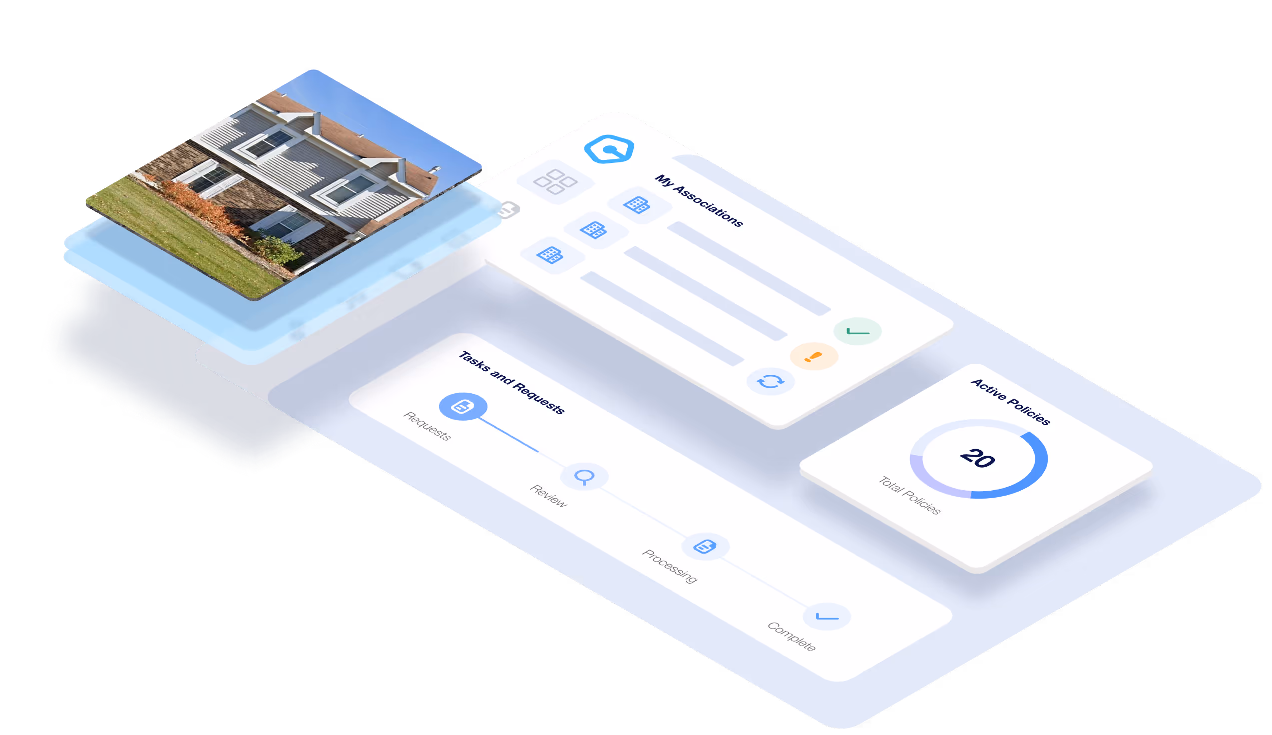 3D isometric illustration of a home photo layered above an interface showing 'My Associations', a progress bar for tasks and requests, and a circular chart with 20 active policies.