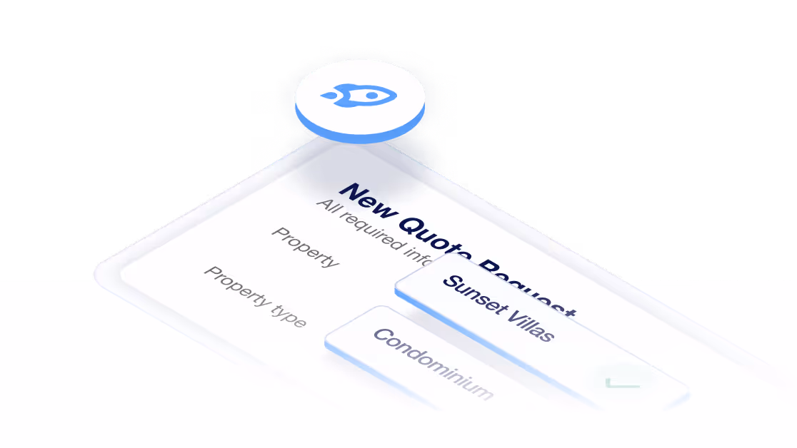 A digital form titled 'New Quote Request' with fields for property and property type filled with 'Sunset Villas' and 'Condominium' respectively, accompanied by a blue rocket icon.