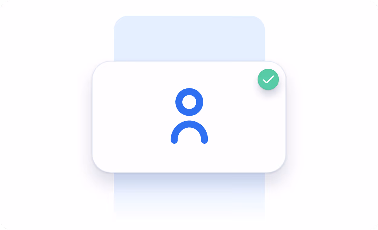 Blue user profile icon on a white card with a green checkmark in the top right corner.