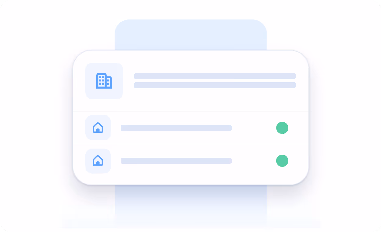 User interface component showing a list with building and home icons and green status indicators.