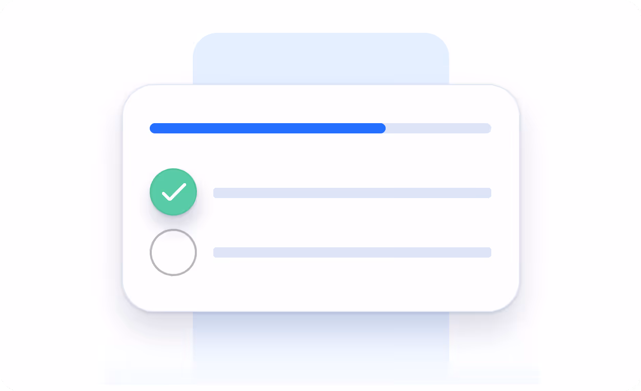 Progress bar partially filled in blue above two horizontal lines with a green checkmark circle next to the top line and an empty circle next to the bottom line.