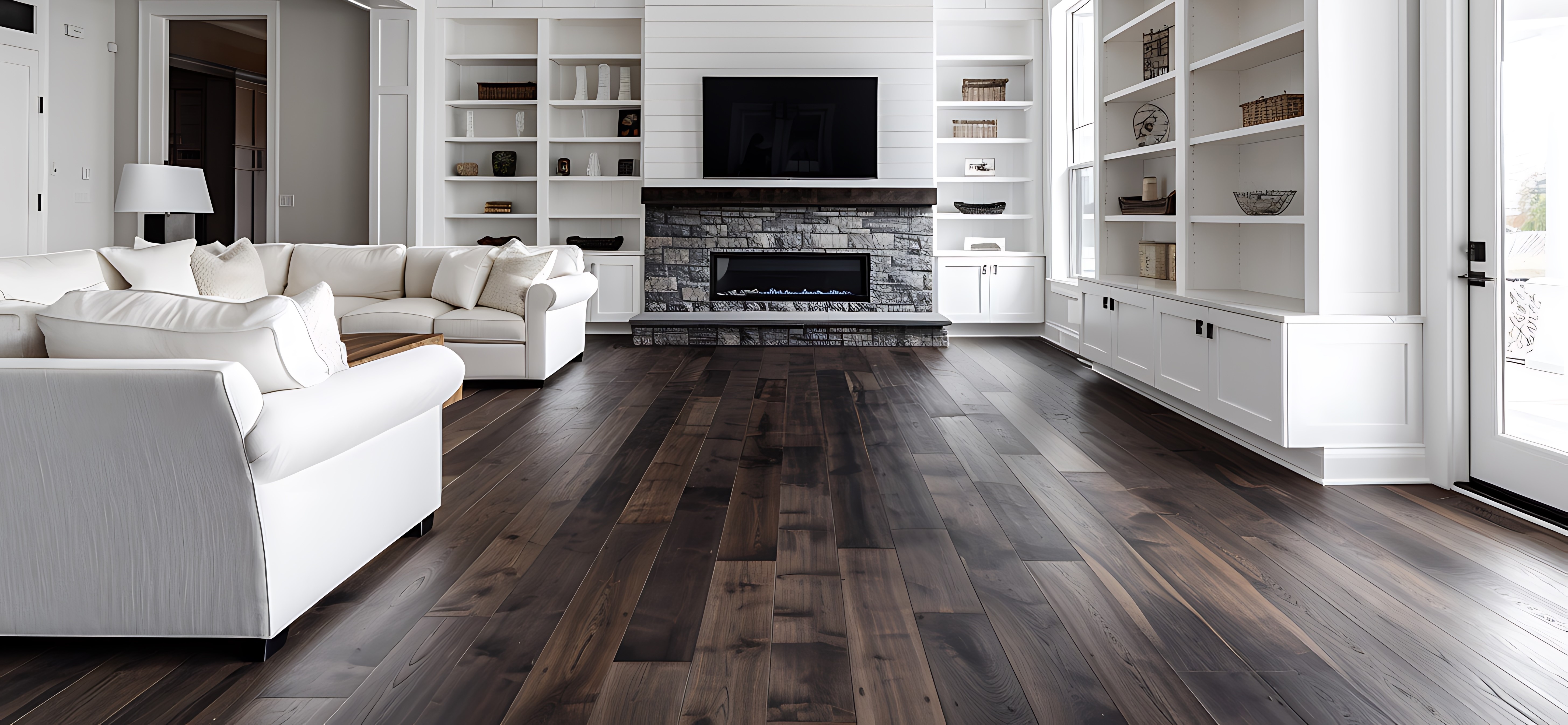 Dark wood look plank floor in a bright living room by Brazil Floors