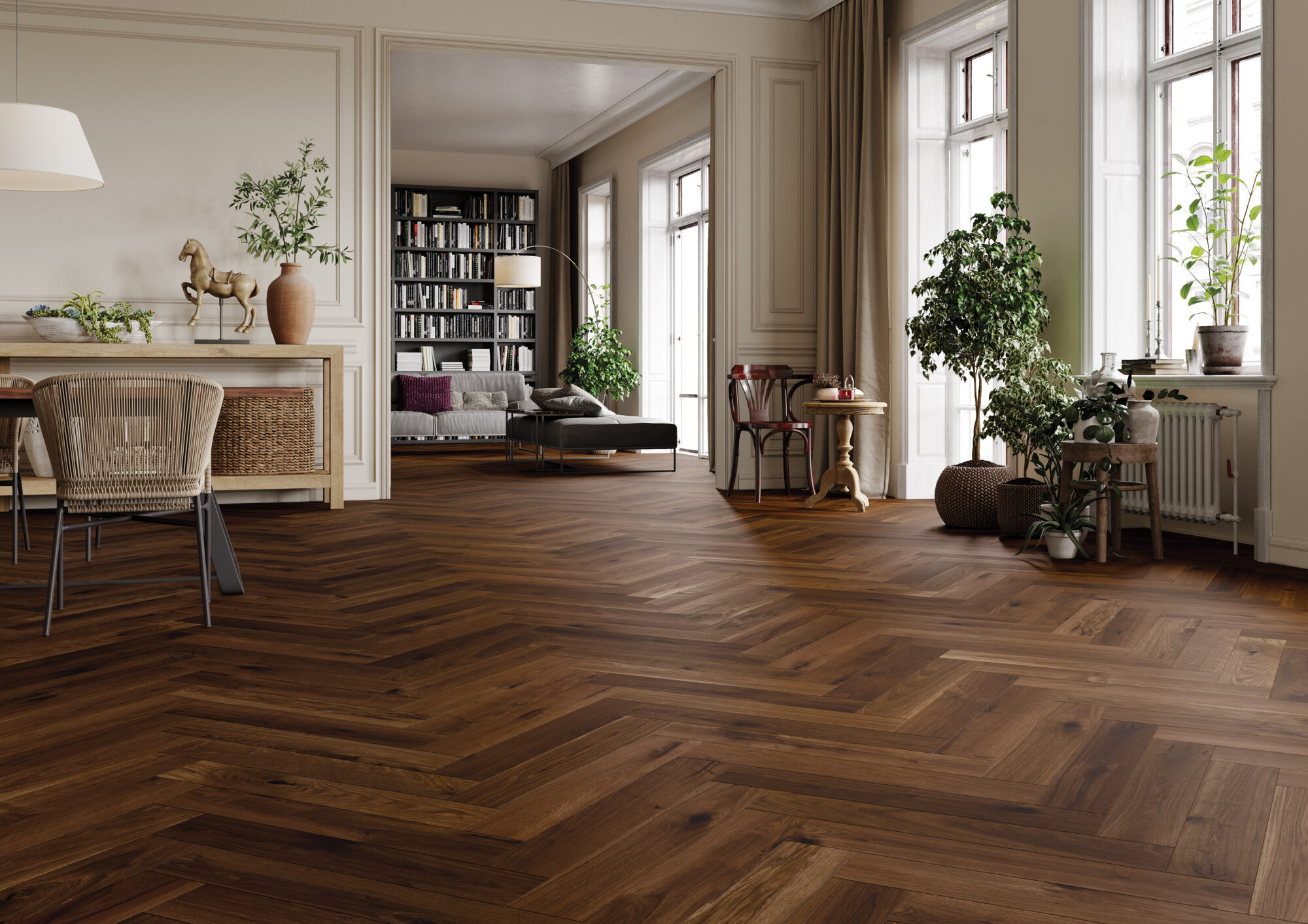 Dark herringbone floor in a bright living room by Brazil Floors
