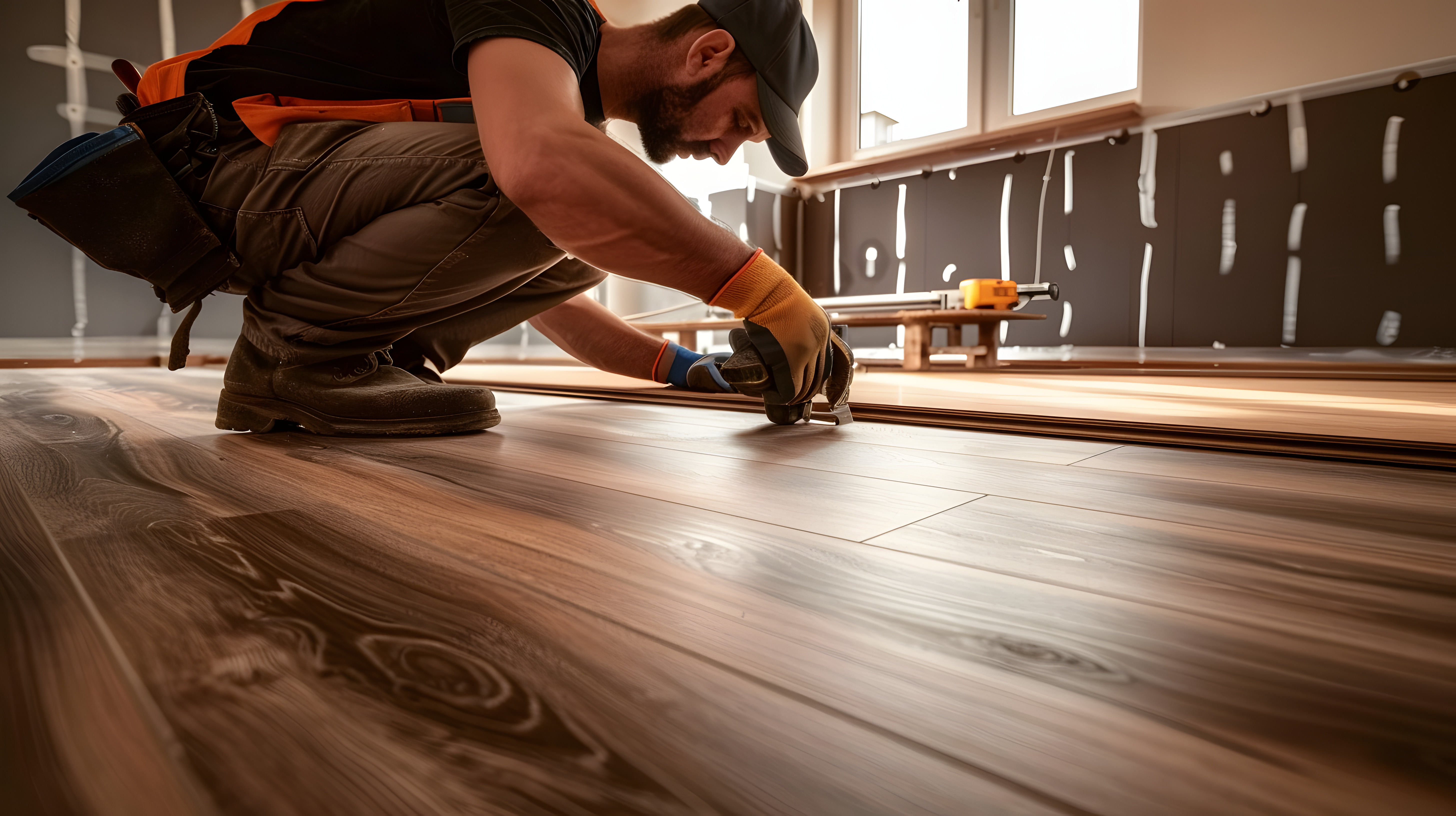 Installer laying wood look vinyl planks across a room for Brazil Floors