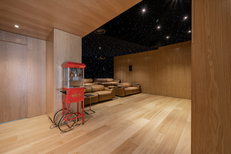 Light plank floor in a home theater room by Brazil Floors