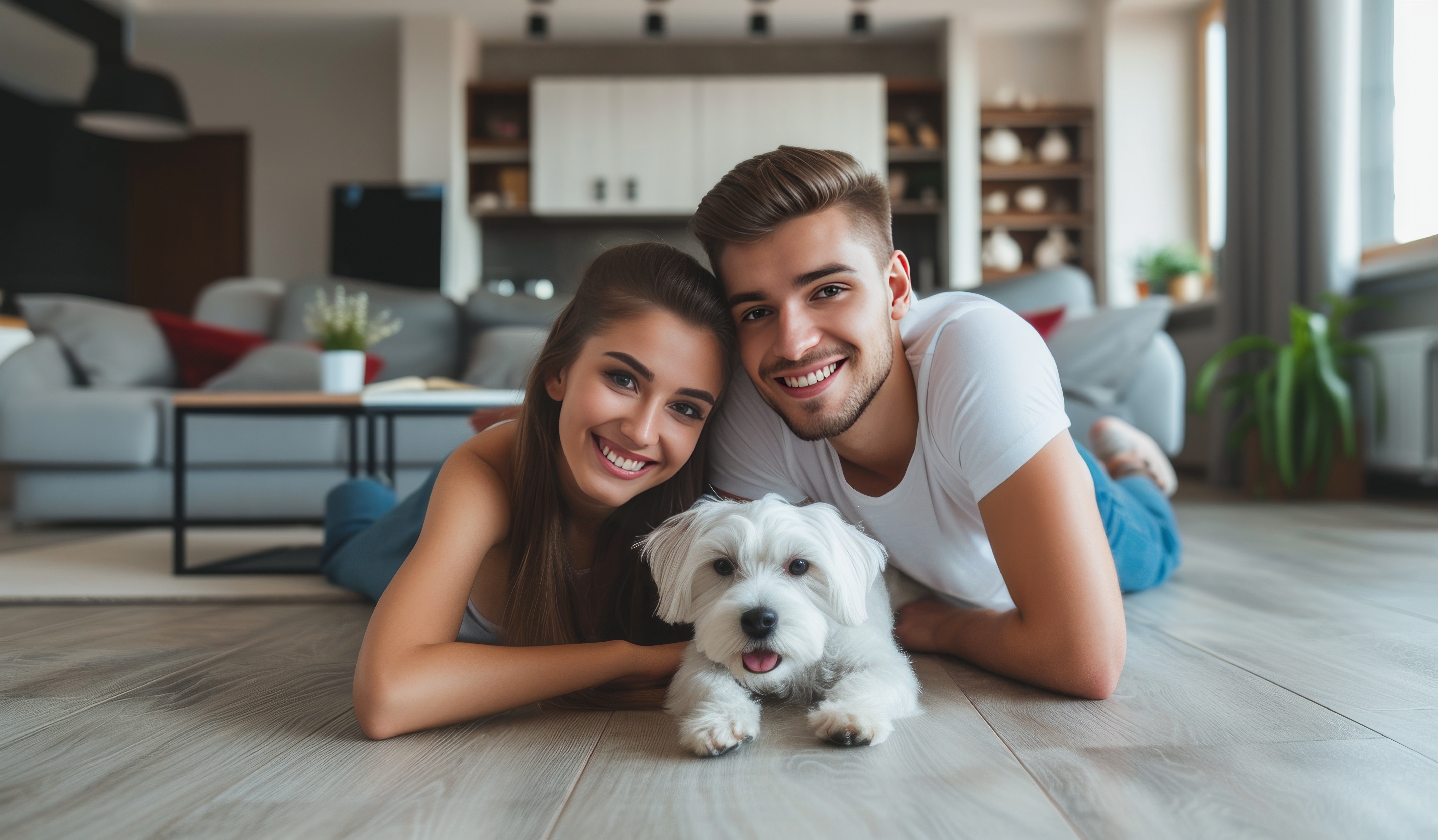 Couple and their dog relaxing on a new plank floor installed by Brazil Floors
