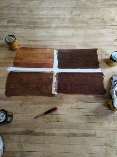 Stain color samples brushed on a sanded hardwood floor, Brazil Floors