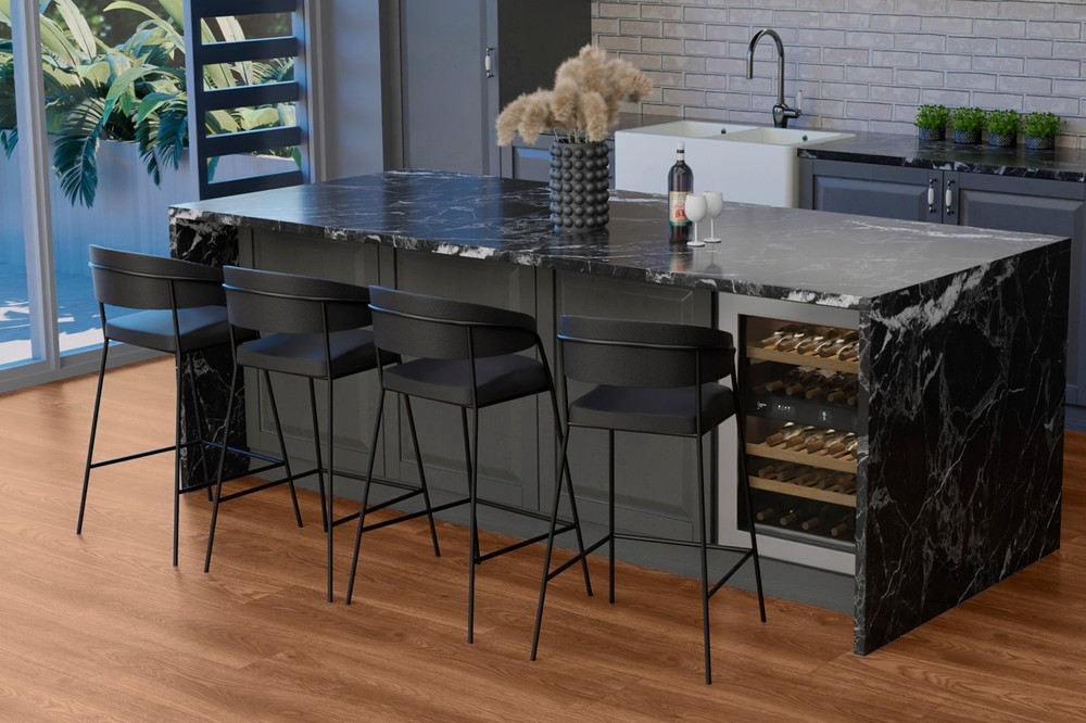 Halladay Oak STAINMASTER laminate in a modern kitchen with a dark island by Brazil Floors