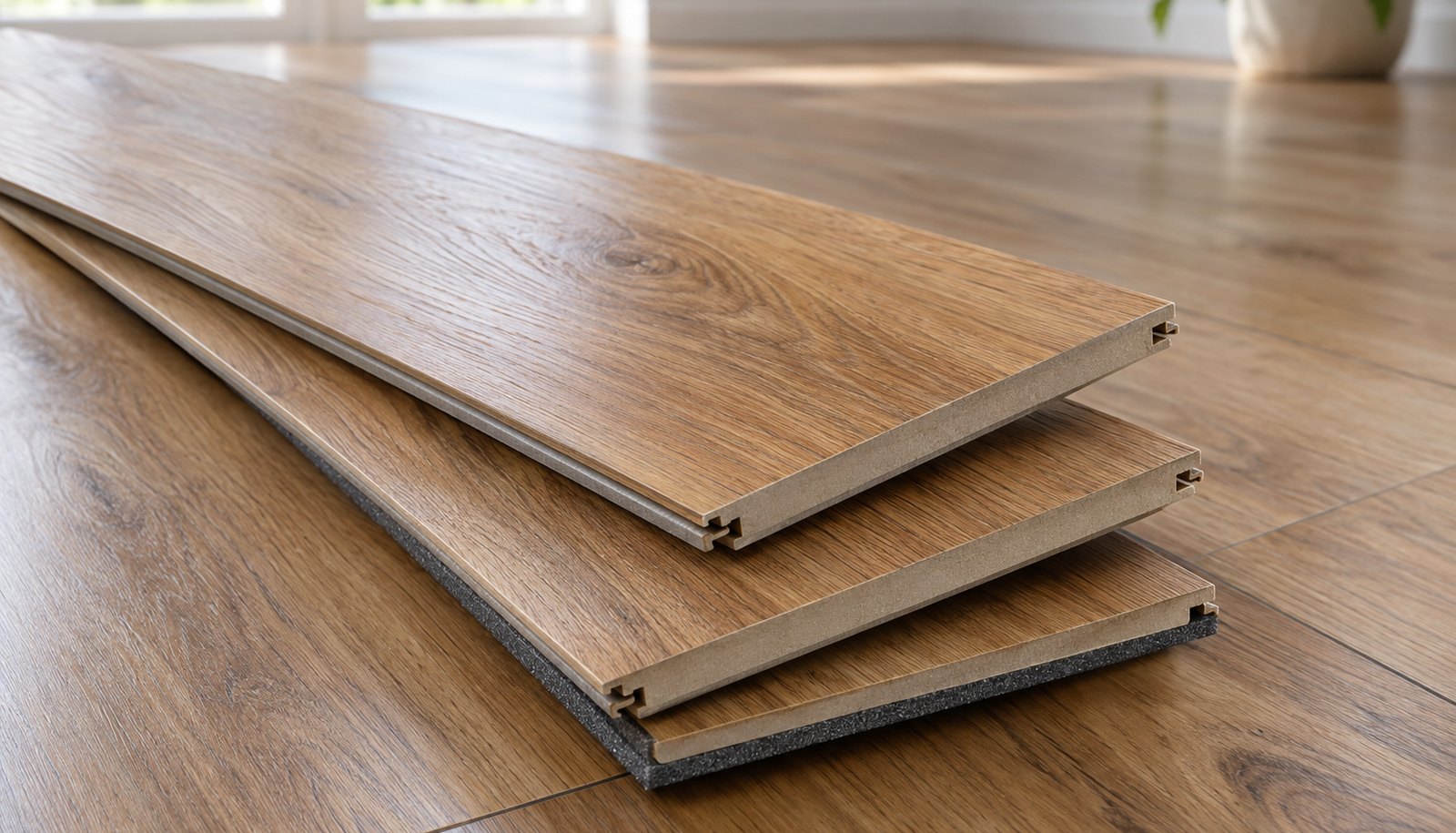 Three oak look laminate planks fanned out to show the click lock edge and padded back, Brazil Floors