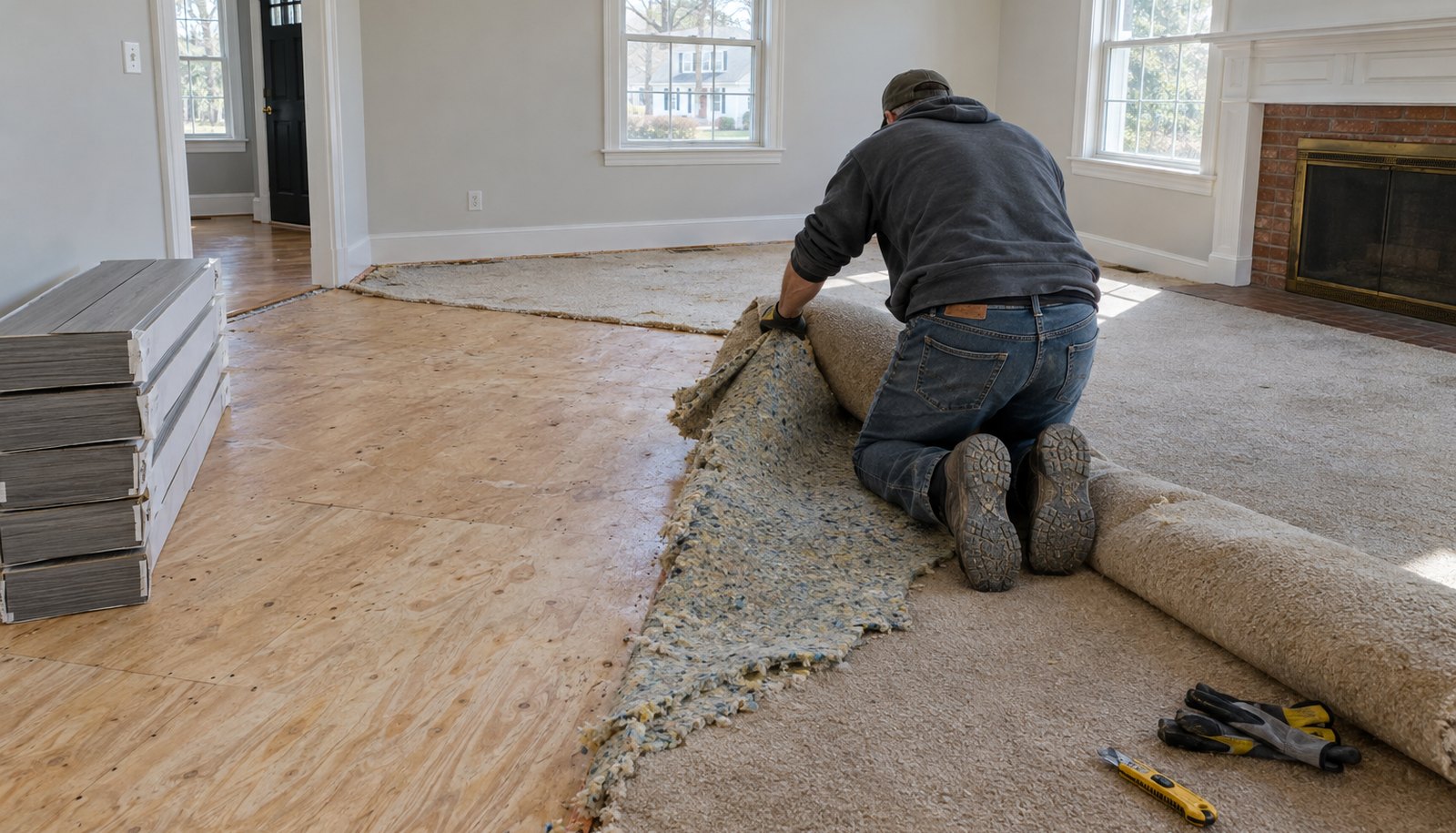 Old wall to wall carpet and pad being rolled up so laminate can go down next, Brazil Floors