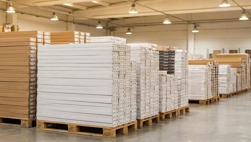 Prefinished and unfinished hardwood flooring stock in the Brazil Floors warehouse