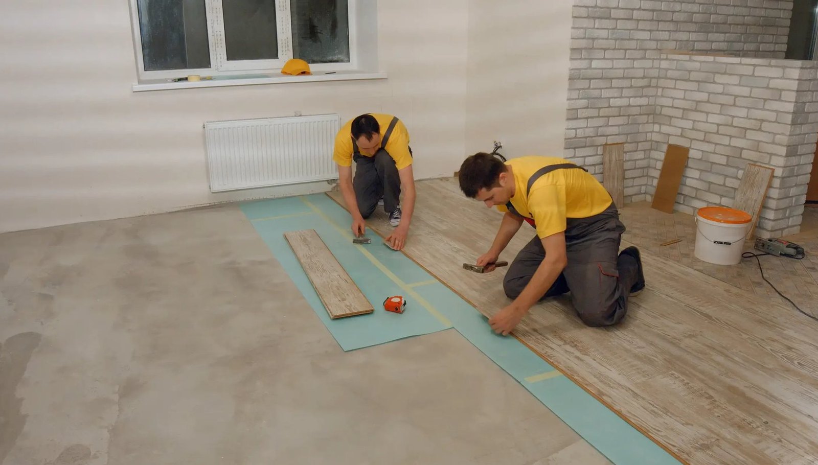 Crew laying vinyl planks in a Washington Village mill house, Brazil Floors